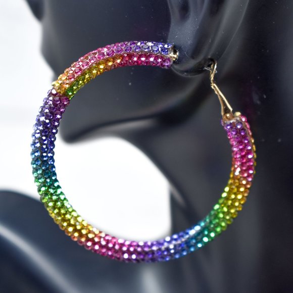 2.25" Boho Multicolor Pave Rhinestone Hoop Earring - Picture 11 of 11